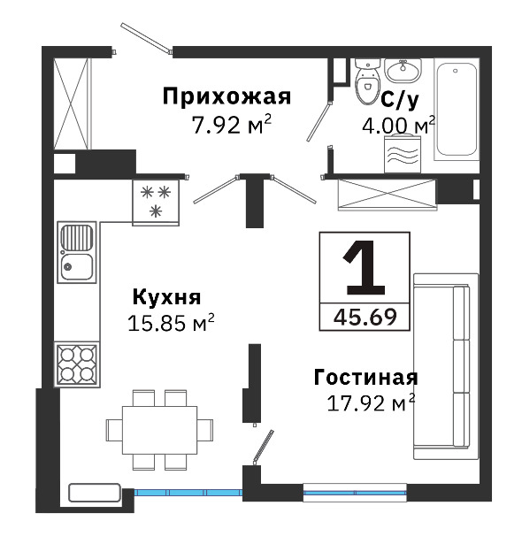 Планировка 1-комнатные квартиры, 45.69 m2 в ЖК RAIYMBEK, в г. Алматы