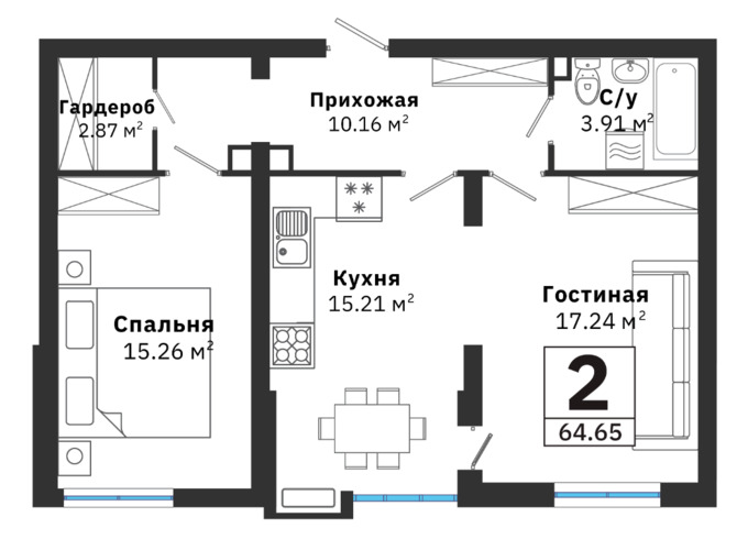 Планировка 2-комнатные квартиры, 64.65 m2 в ЖК RAIYMBEK, в г. Алматы