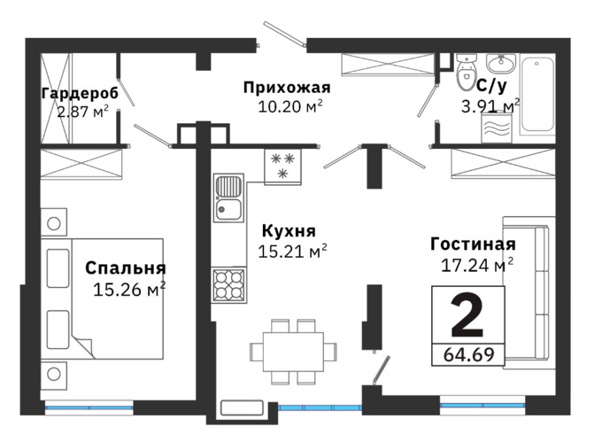 Планировка 2-комнатные квартиры, 64.69 m2 в ЖК RAIYMBEK, в г. Алматы