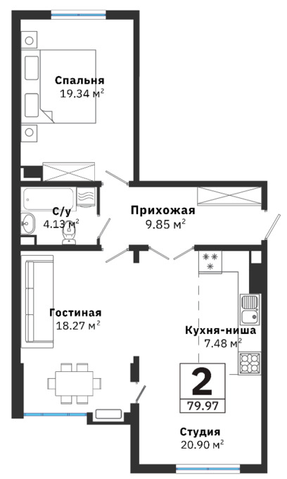 Планировка 2-комнатные квартиры, 79.97 m2 в ЖК RAIYMBEK, в г. Алматы
