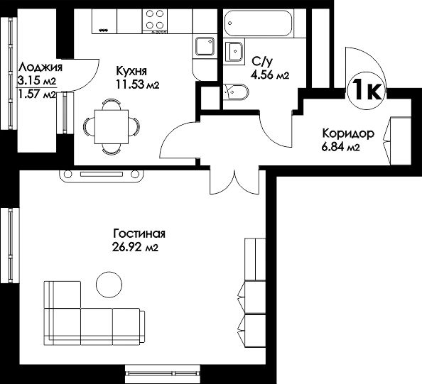 Планировка 1-комнатные квартиры, 51.42 m2 в ЖК Bai-Tursyn, в г. Нур-Султана (Астаны)