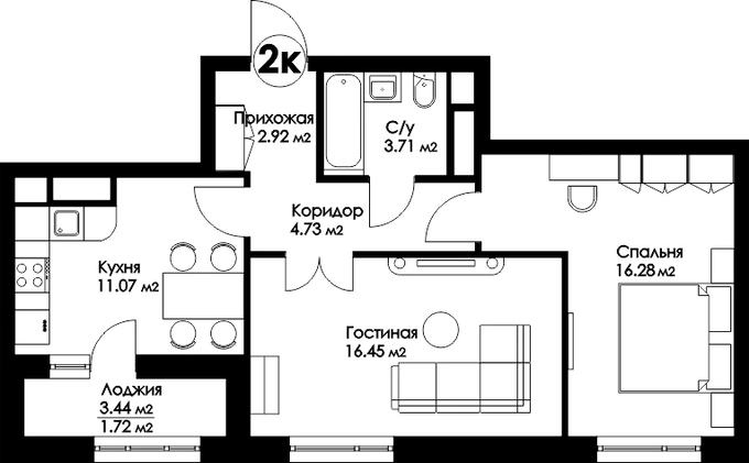 Планировка 2-комнатные квартиры, 58.72 m2 в ЖК Bai-Tursyn, в г. Нур-Султана (Астаны)
