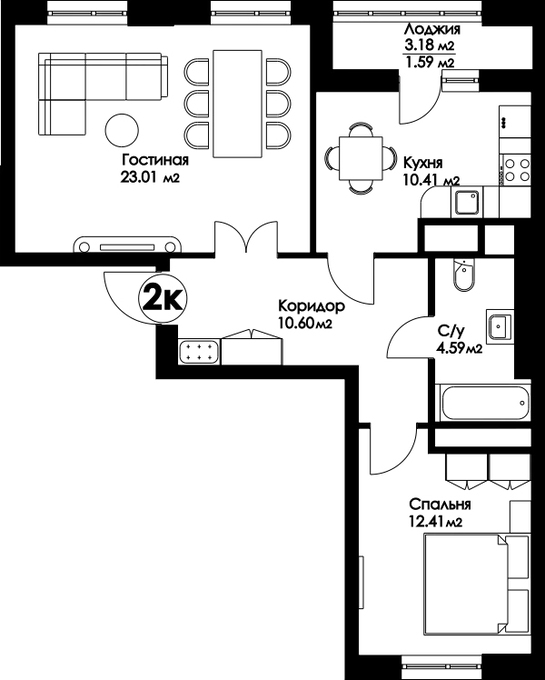 Планировка 2-комнатные квартиры, 63.43 m2 в ЖК Bai-Tursyn, в г. Нур-Султана (Астаны)