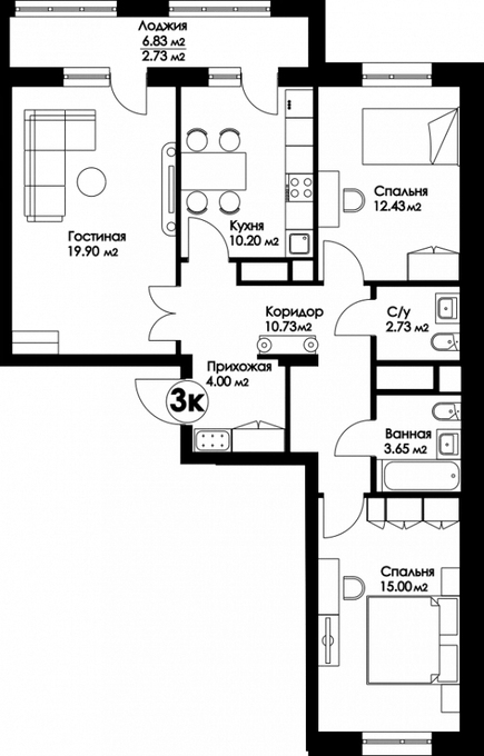 Планировка 3-комнатные квартиры, 89.22 m2 в ЖК Bai-Tursyn, в г. Нур-Султана (Астаны)