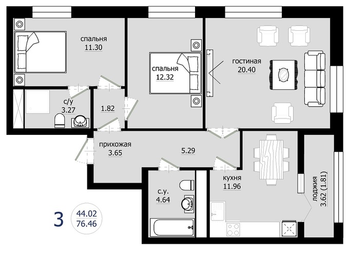 Планировка 3-комнатные квартиры, 76.46 m2 в ЖК Bai-Tursyn, в г. Нур-Султана (Астаны)