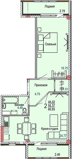 Планировка 2-комнатные квартиры, 60.65 m2 в ЖК Aq Shanyraq, в г. Косшы