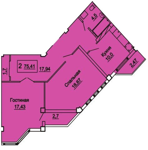 Планировка 2-комнатные квартиры, 75.41 m2 в ЖК Сабыр, в г. Актау
