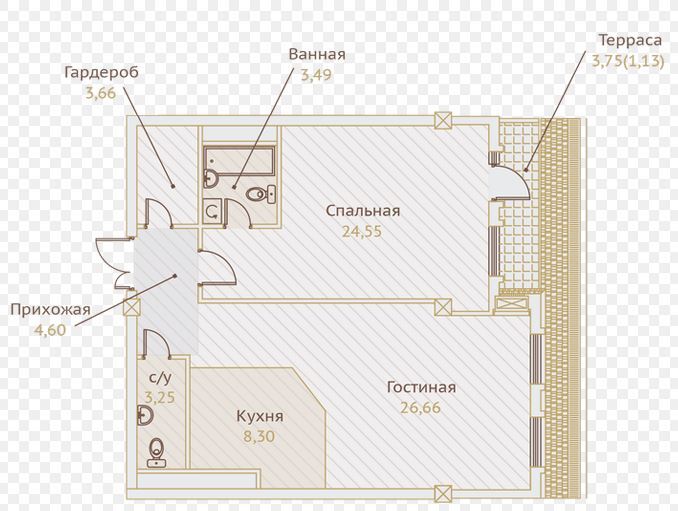 Планировка 2-комнатные квартиры, 79.76 m2 в ЖК Ile de France, в г. Алматы