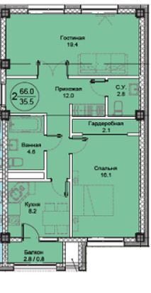 Планировка 2-комнатные квартиры, 66 m2 в ЖК Лея Уют, в г. Нур-Султана (Астаны)