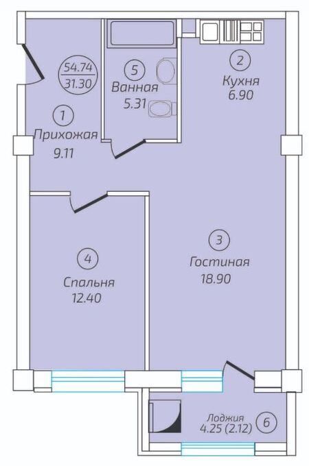 Планировка 2-комнатные квартиры, 54.74 m2 в ЖК Амаль, в г. Алматы