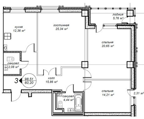 Планировка 3-комнатные квартиры, 98.51 m2 в ЖК Оберег, в г. Нур-Султана (Астаны)