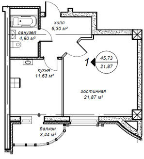 Планировка 1-комнатные квартиры, 45.73 m2 в ЖК Оберег, в г. Нур-Султана (Астаны)