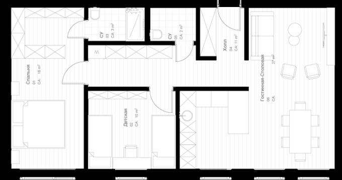 Планировка 3-комнатные квартиры, 73 m2 в ЖК Parmigiano Family Resort, в г. с. Бесагаш