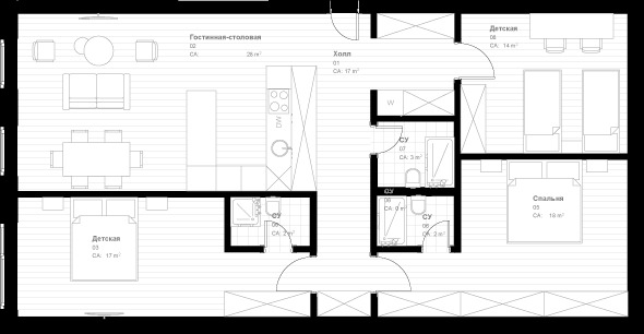 Планировка 4-комнатные квартиры, 106 m2 в ЖК Parmigiano Family Resort, в г. с. Бесагаш