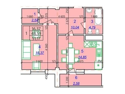 Планировка 1-комнатные квартиры, 51.17 m2 в ЖК Оазис, в г. Усть-Каменогорска