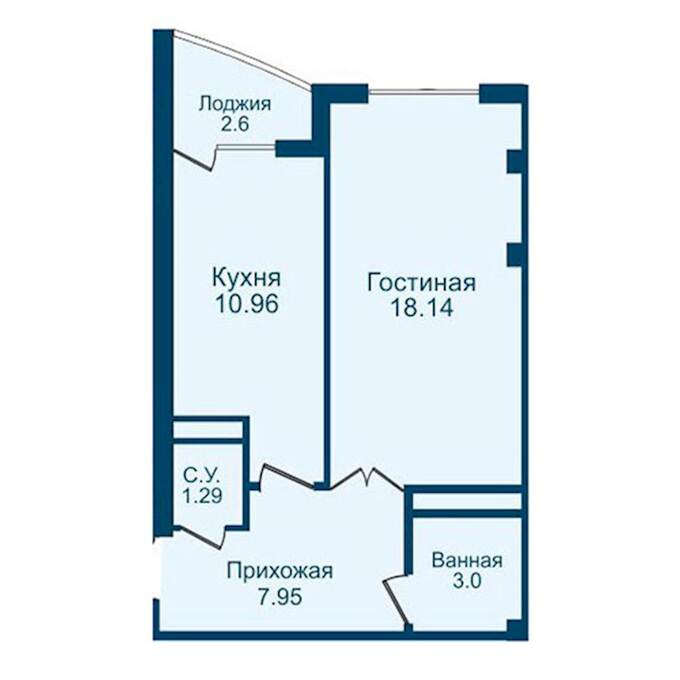 Планировка 1-комнатная квартиры, 42 m2 в ЖК Мунар 2, в г. Нур-Султане (Астане)