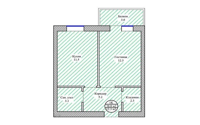 Планировка 1-комнатные квартиры, 38 m2 в ЖК Байсал, в г. Нур-Султана (Астаны)