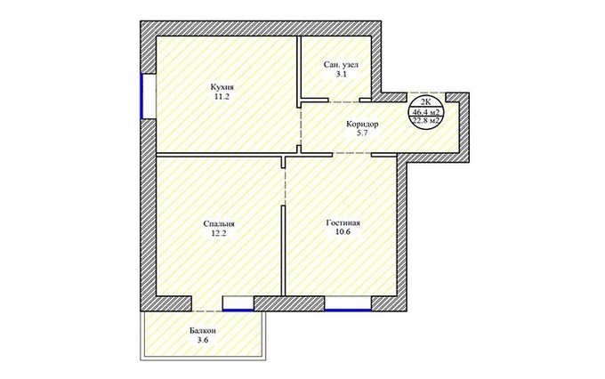 Планировка 2-комнатные квартиры, 46.4 m2 в ЖК Байсал, в г. Нур-Султана (Астаны)