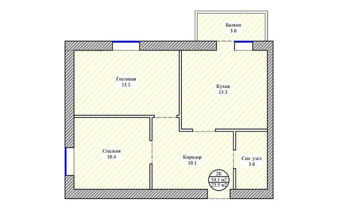 Планировка 2-комнатные квартиры, 54.1 m2 в ЖК Байсал, в г. Нур-Султана (Астаны)