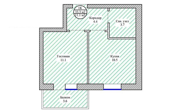 Планировка 1-комнатные квартиры, 33.3 m2 в ЖК Байсал, в г. Нур-Султана (Астаны)