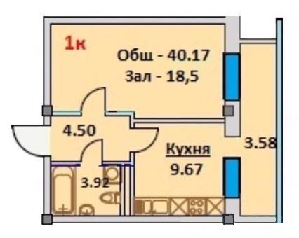 Планировка 1-комнатные квартиры, 40.17 m2 в ЖК Viva Grand, в г. Нур-Султана (Астаны)