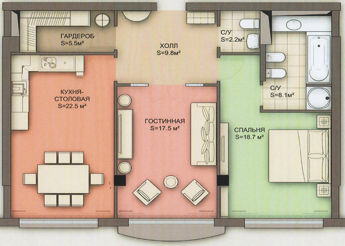 Планировка 2-комнатные квартиры, 88 m2 в ЖК Тан-Нуры, в г. Алматы