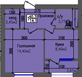Планировка 1-комнатные квартиры, 40.3 m2 в ЖК 7Qazyna, в г. Актау