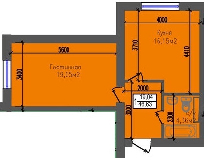 Планировка 1-комнатные квартиры, 46.63 m2 в ЖК 7Qazyna, в г. Актау