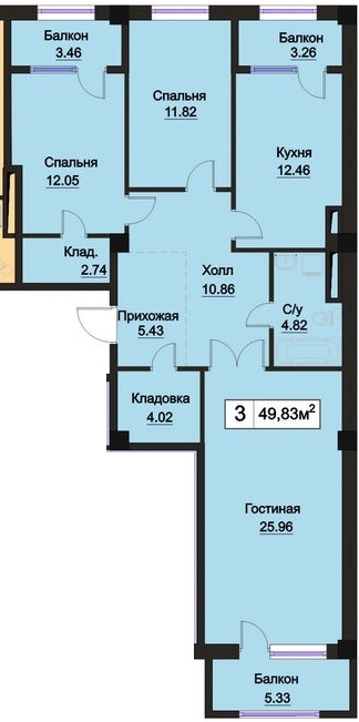 Планировка 3-комнатные квартиры, 49.83 m2 в ЖК Rose, в г. Актау
