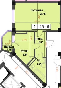 Планировка 1-комнатные квартиры, 46.19 m2 в ЖК Rose, в г. Актау