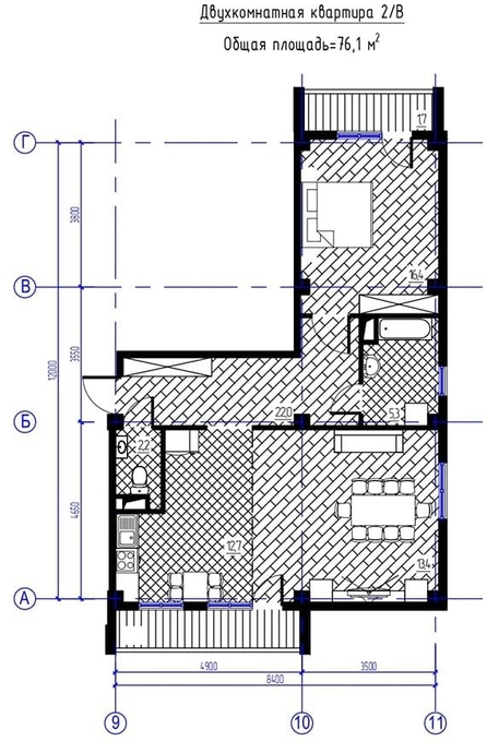 Планировка 2-комнатные квартиры, 76.1 m2 в ЖК Balsu Lux, в г. Капчагая