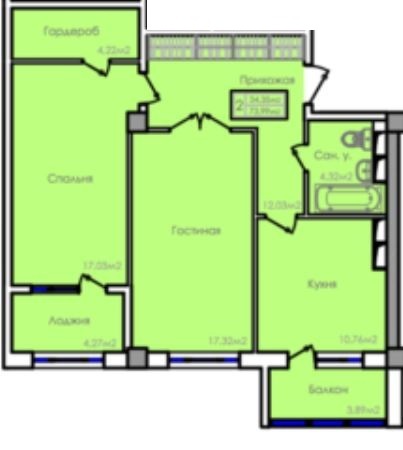 Планировка 2-комнатные квартиры, 73.99 m2 в ЖК B-Group Plaza, в г. Актау