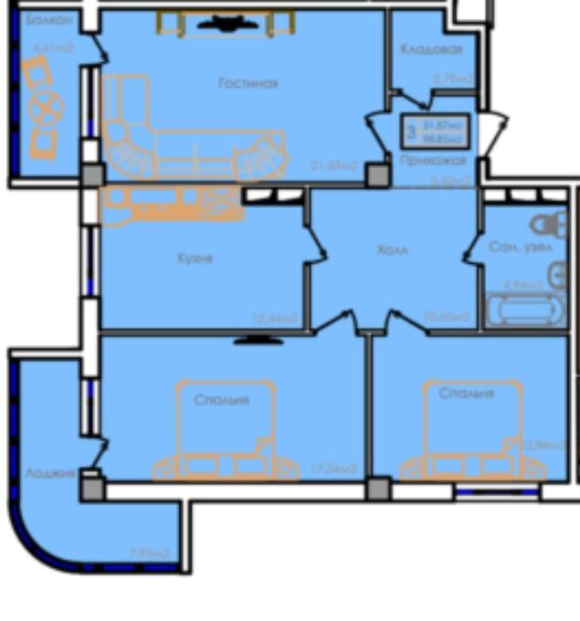 Планировка 3-комнатные квартиры, 98.85 m2 в ЖК B-Group Plaza, в г. Актау
