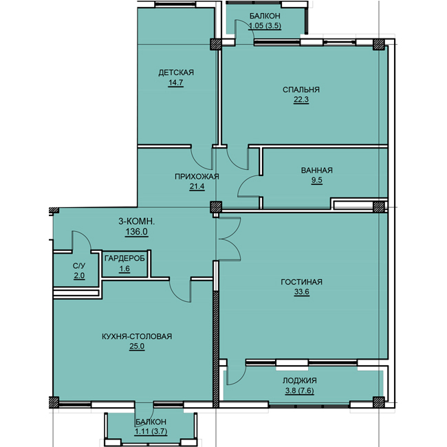 Планировка 3-комнатные квартиры, 136 m2 в ЖК Royal Expo Apartments, в г. Нур-Султана (Астаны)