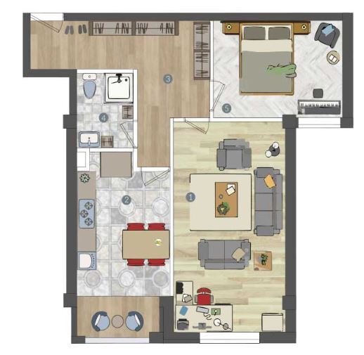 Планировка 2-комнатные квартиры, 60.7 m2 в ЖК Дом на Гагарина, в г. Алматы