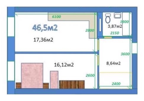 Планировка 2-комнатные квартиры, 46.5 m2 в ЖК Koktal, в г. Нур-Султана (Астаны)