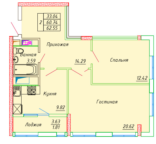 Планировка 2-комнатные квартиры, 62.55 m2 в ЖК Senator Park, в г. Нур-Султана (Астаны)