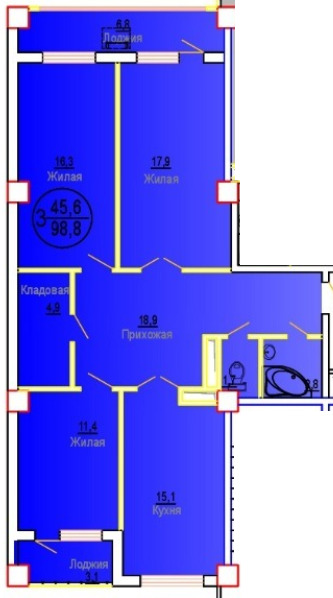 Планировка 3-комнатные квартиры, 98.8 m2 в ЖК Mahabbat, в г. Актау