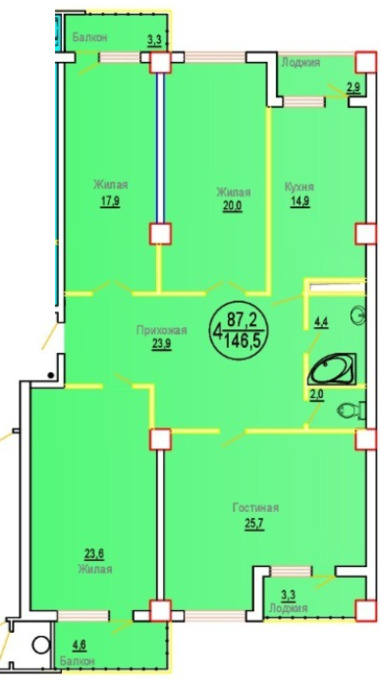 Планировка 4-комнатные квартиры, 146.5 m2 в ЖК Mahabbat, в г. Актау