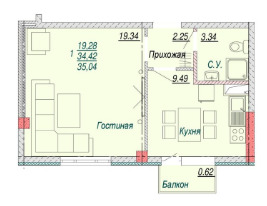Планировка 1-комнатные квартиры, 35.04 m2 в ЖК Diamond Park, в г. Косшы