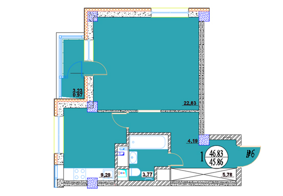 Планировка 1-комнатные квартиры, 46.83 m2 в ЖК Лея-Север, в г. Нур-Султана (Астаны)