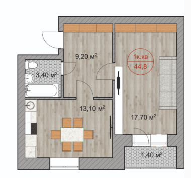 Планировка 1-комнатные квартиры, 44.8 m2 в ЖК Кызгалдак, в г. Актобе
