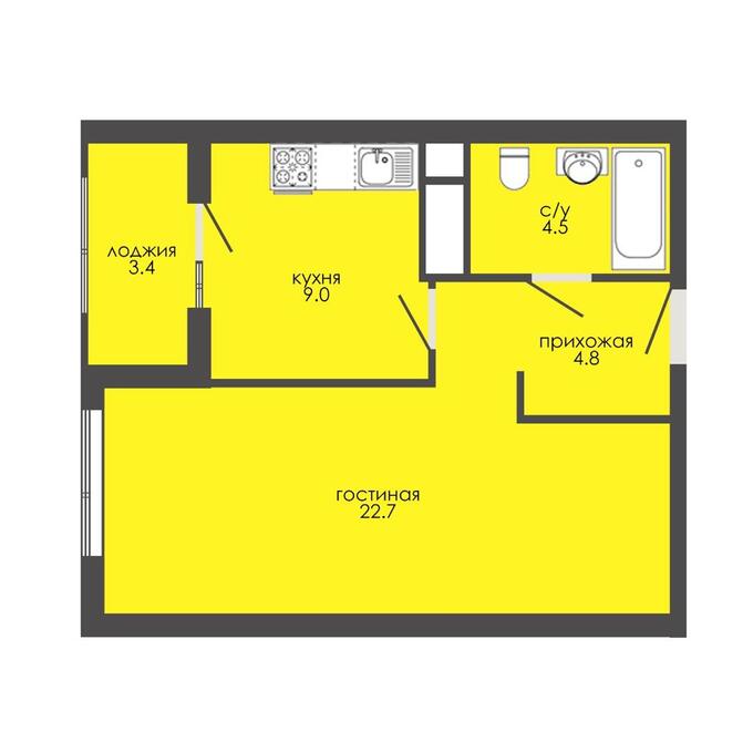 Планировка 1-комнатные квартиры, 42.7 m2 в ЖК Камшат, в г. Нур-Султана (Астаны)