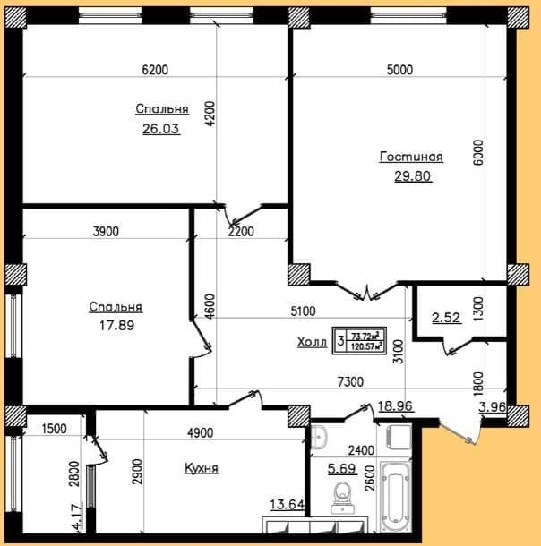 Планировка 3-комнатные квартиры, 120.58 m2 в ЖК Тумар, в г. Актау
