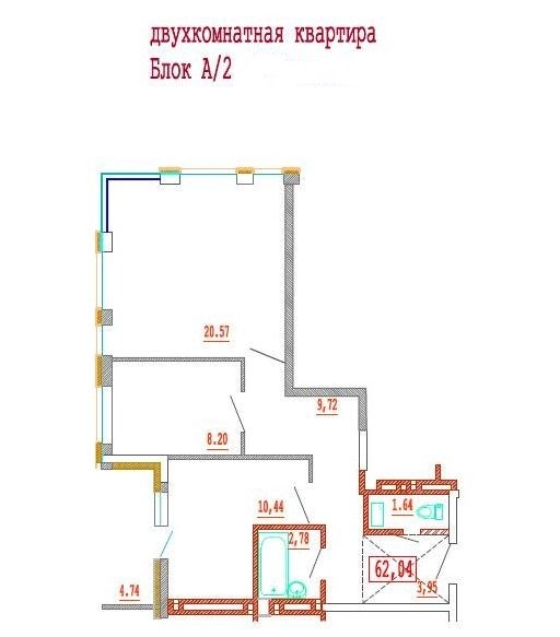 Планировка 2-комнатные квартиры, 62.04 m2 в ЖК Кристалл-2, в г. Нур-Султана (Астаны)