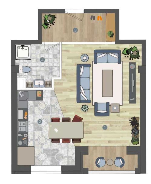 Планировка 1-комнатные квартиры, 43.2 m2 в ЖК Дом на Гагарина, в г. Алматы