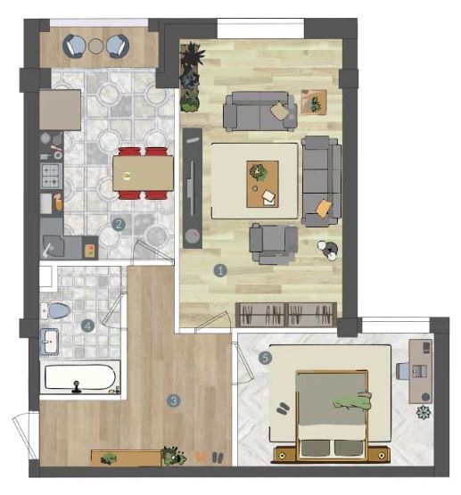 Планировка 2-комнатные квартиры, 59.1 m2 в ЖК Дом на Гагарина, в г. Алматы