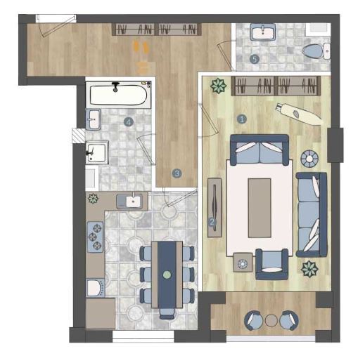 Планировка 1-комнатные квартиры, 47.5 m2 в ЖК Дом на Гагарина, в г. Алматы
