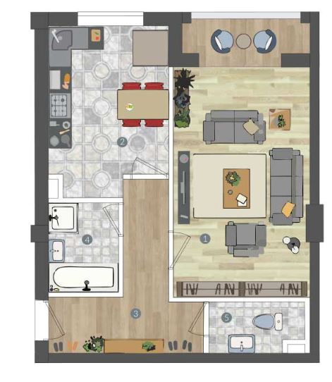 Планировка 1-комнатные квартиры, 45.5 m2 в ЖК Дом на Гагарина, в г. Алматы