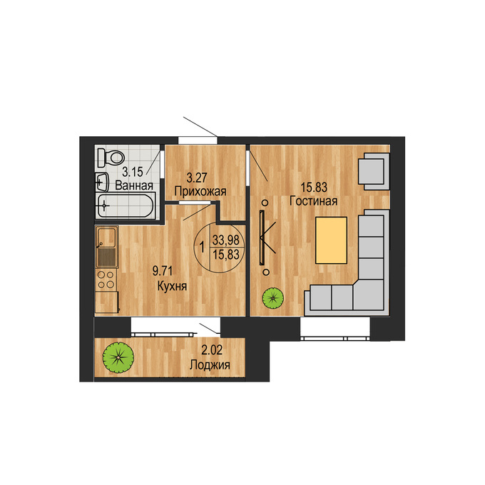Планировка 1-комнатные квартиры, 33.98 m2 в ЖК Diamond Park, в г. Косшы